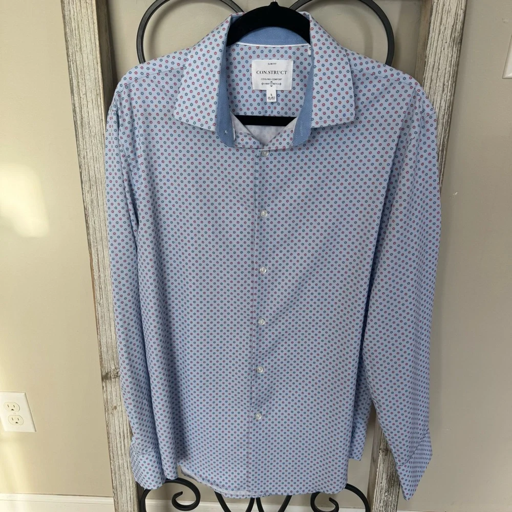 construct slim fit dress shirts ConStruct Men Blue Slim-Fit Floral Performance Stretch Dress Shirt 14-14.5  32/33